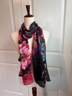 Max Studio Women’s 100% Silk Floral Scarf Purple Pink Black